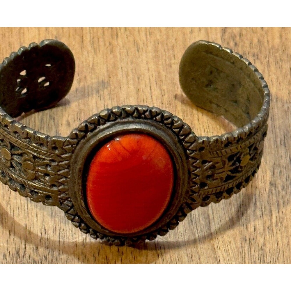 Vintage Copper Cuff Bracelet with Large Orange/Red Stone Ethnic Core Western